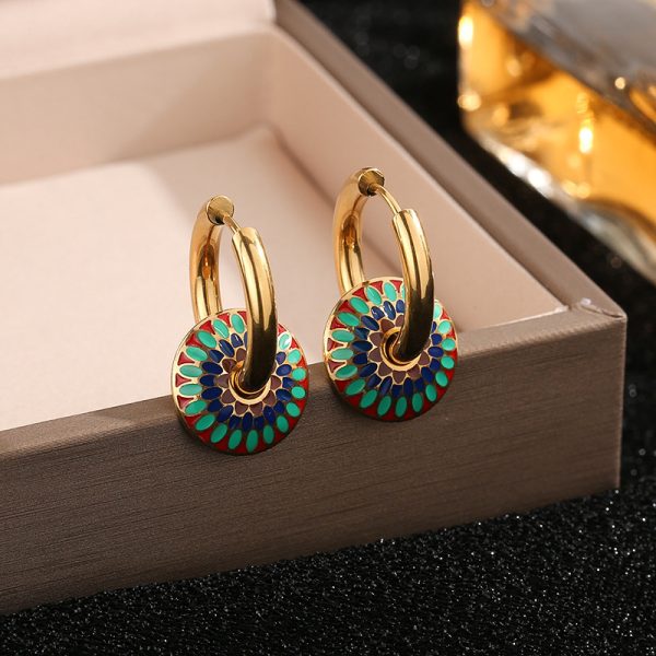Golden Mosaic Enamel Hoop Earrings