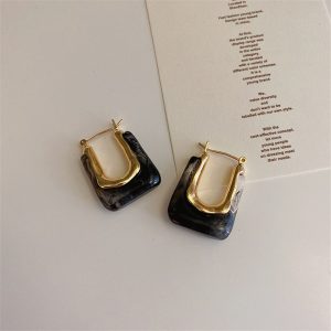 H999ec162f48241caa5d46d8408435390I 🖤 Black Marble Gold Square Hoop Earrings