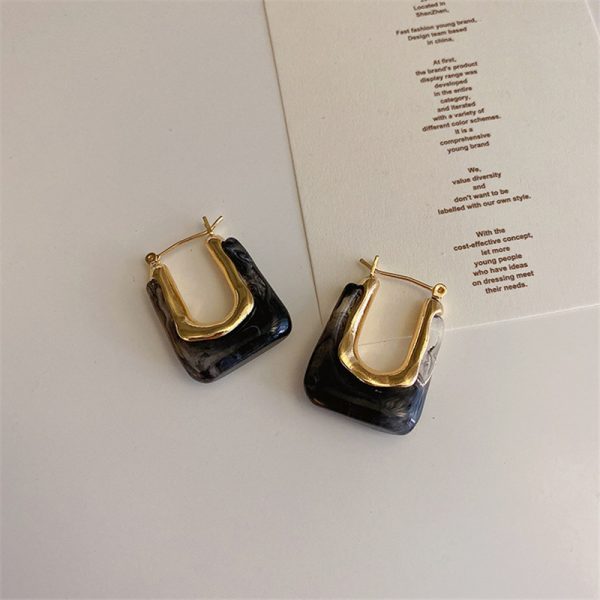 🖤 Black Marble Gold Square Hoop Earrings
