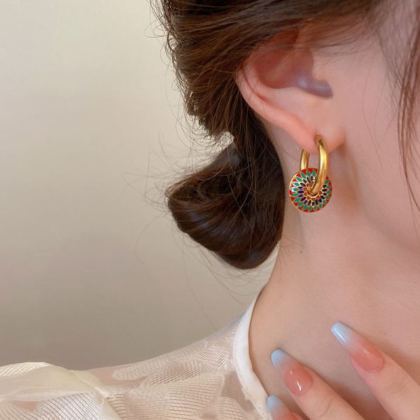 Golden Mosaic Enamel Hoop Earrings